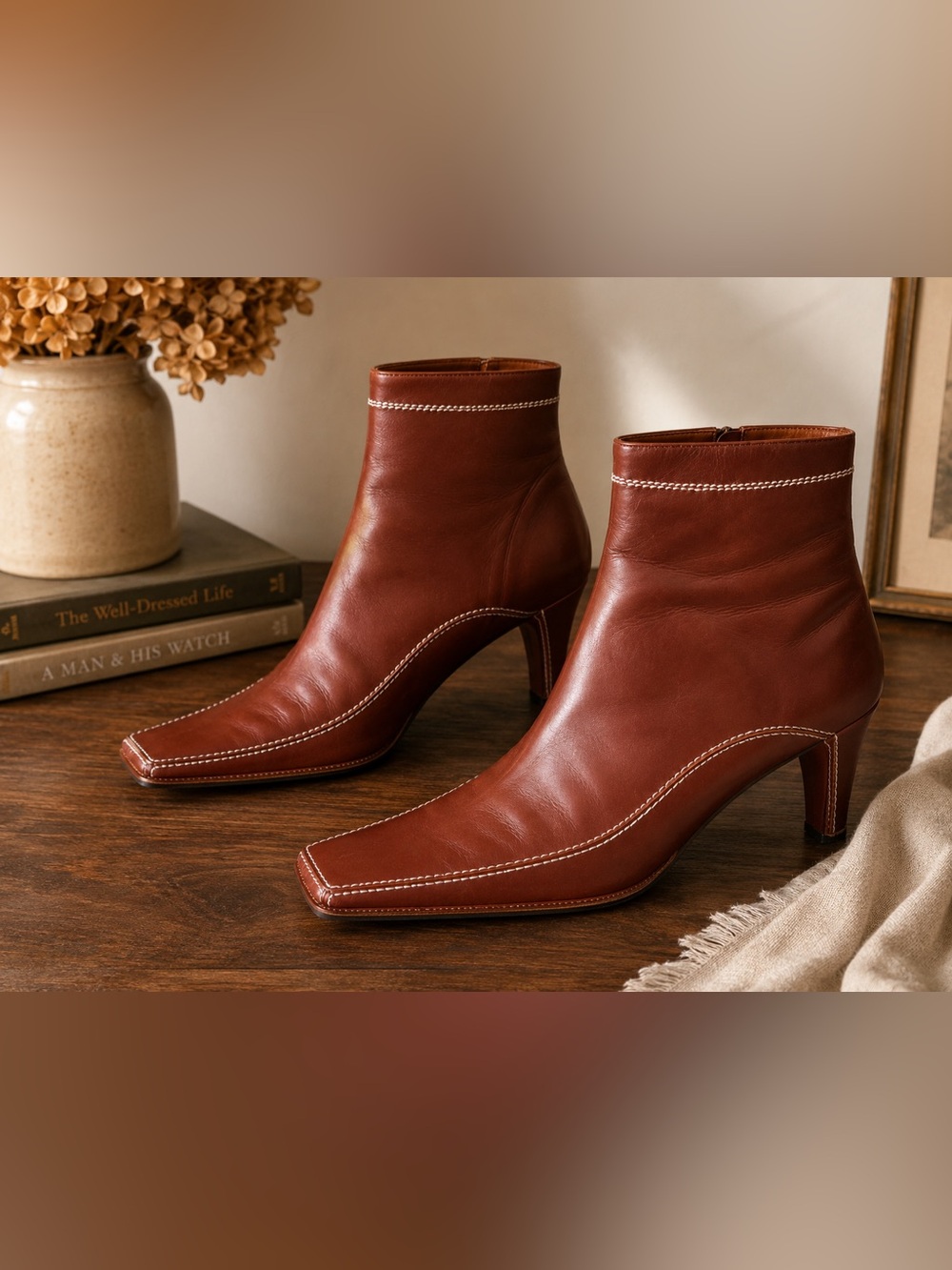 Via Spiga Women’s Brown Leather Ankle Boots with Contrast Stitching